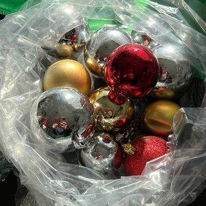 Bag of Christmas ornaments silver red gold mix